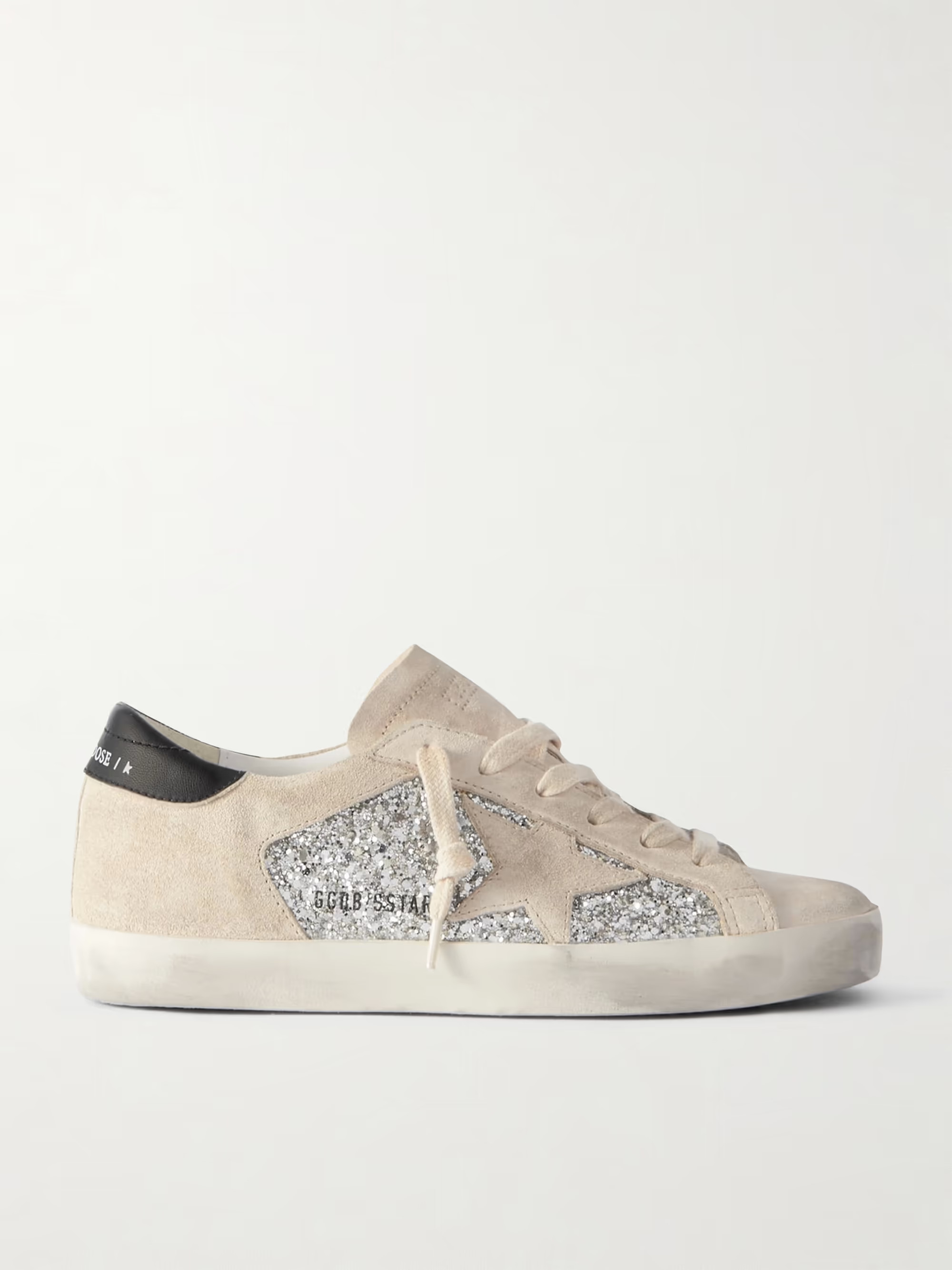 Super-Star leather-trimmed distressed glittered suede sneakers | NET-A-PORTER (US)