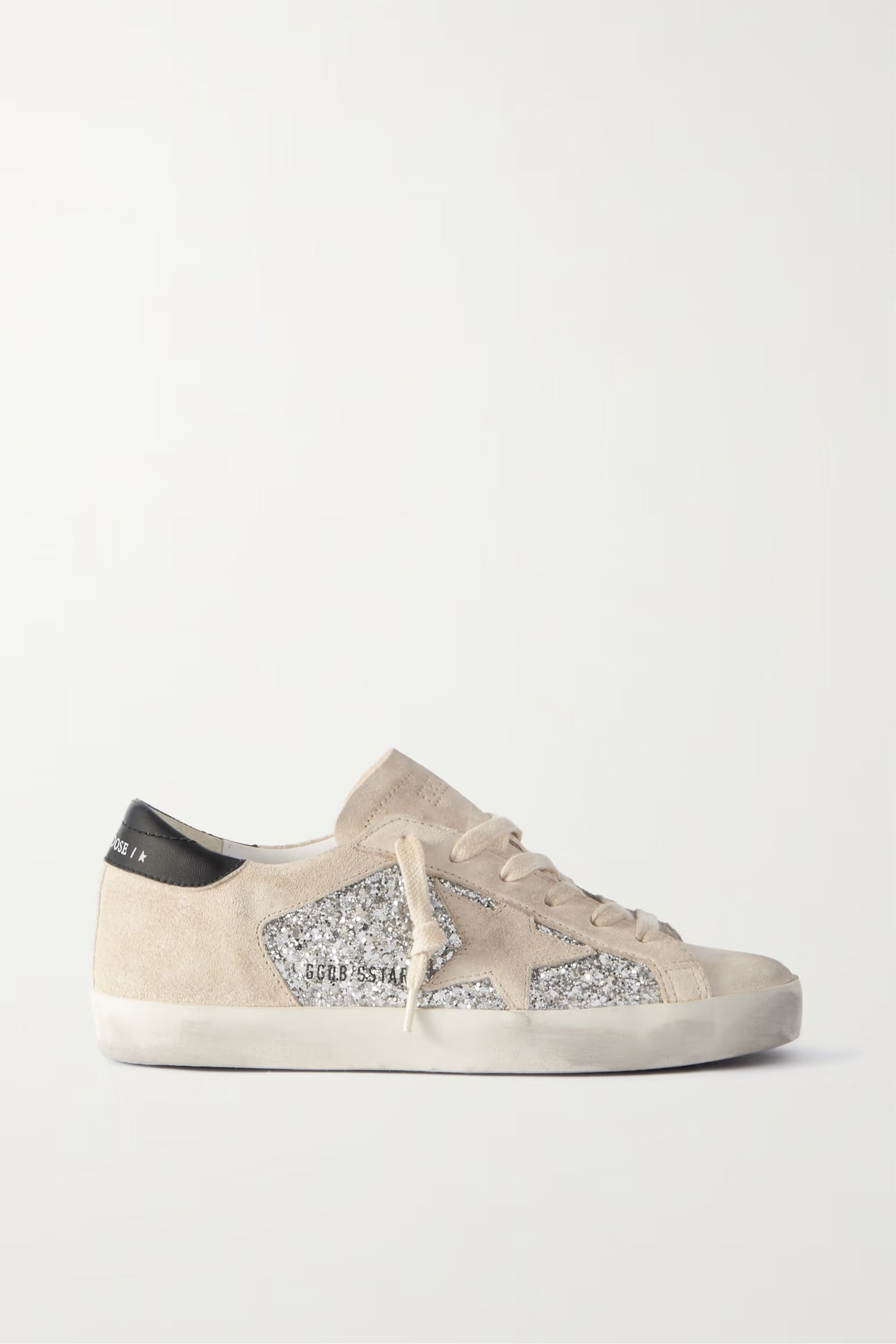 Super-Star leather-trimmed distressed glittered suede sneakers | NET-A-PORTER (US)