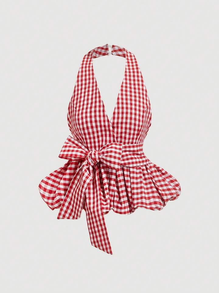 SHEIN MOD Red And White Plaid V-Neck Halter Neck Bubble Hem Women's Top With Oversized Bow, Date Top, Holiday Top, Picnic Top, Brunch Top, Party Wear,New Years Women Outfit,Y2k,Tube Top,Valentine Day,Goth,Club Outfits Women,Off The Shoulder Top,Wedding Guest Dress Women,Cute Tops,Crop Tops Women,Rave Top | SHEIN