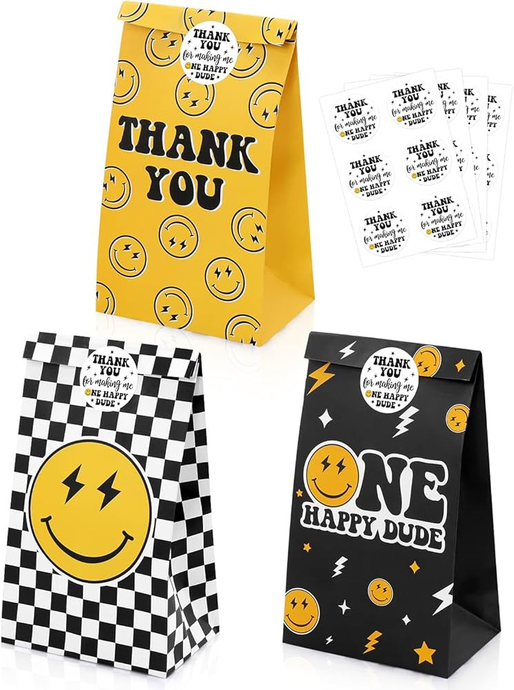 Levfla One Happy Dude Party Favor Bags, 24PCS Candy Goodies Paper Gift Bag With Thank You Sticker... | Amazon (US)