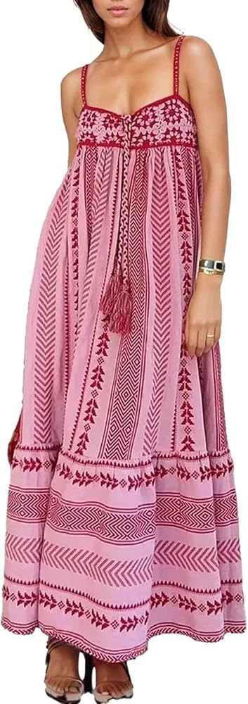 Women Boho Ethnic Maxi Dress Crochet Patchwork Slip Sleeveless Long Lace Flowy Swing Dress Beach ... | Amazon (US)
