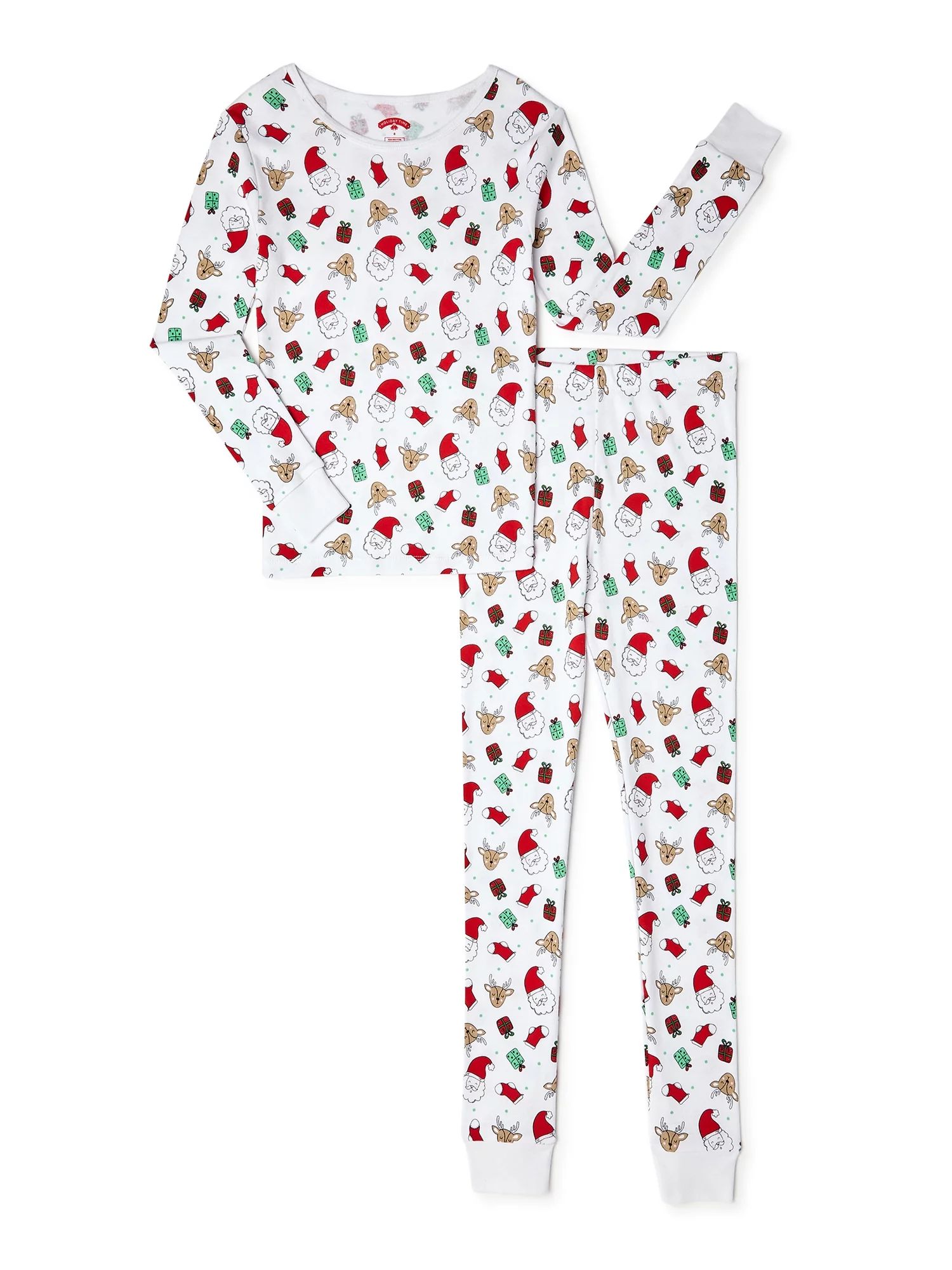 Holiday Time Girls Christmas Cotton Tight Fit Long Sleeve Shirt and Pants Pajama Set, 2-Piece, Si... | Walmart (US)