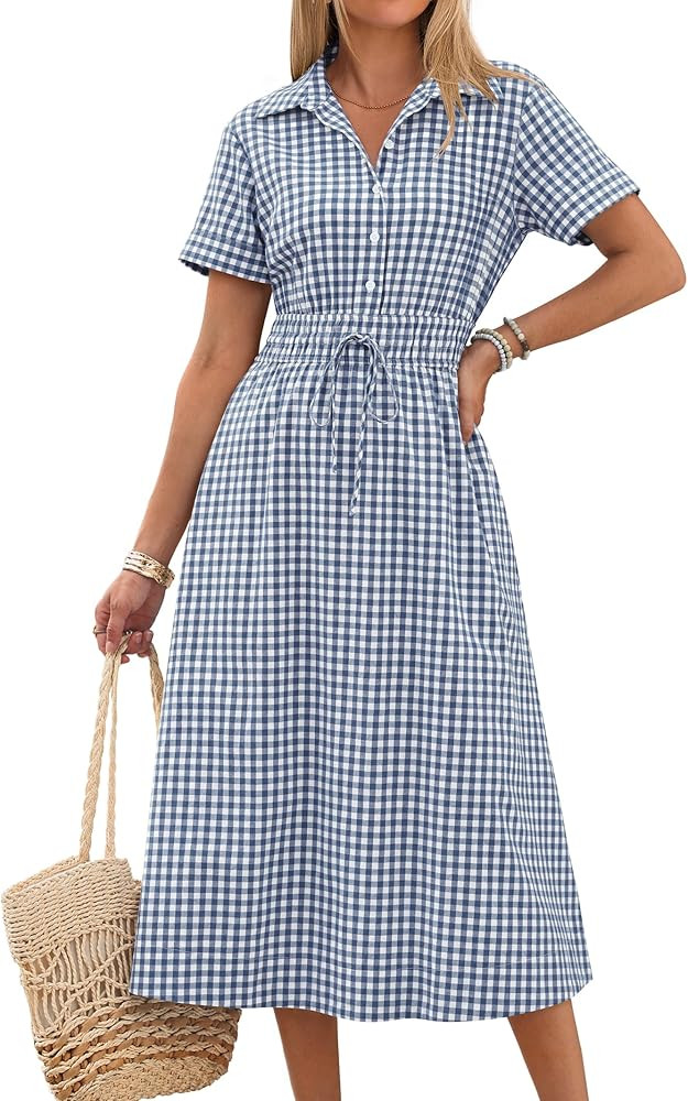 ANRABESS Womens Summer Midi Dress Short Sleeve Striped Plaid Button Collar Shirt Dresses 2026 Cas... | Amazon (US)