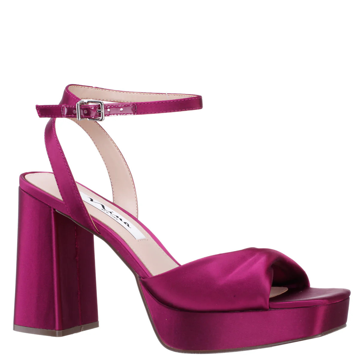 Womens Stacie Red Satin Block-Heel Platform Sandals with Twist-Front and Ankle-Strap | Nina Shoes | Nina Shoes