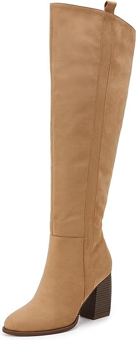 Ermonn Womens Faux Suede Knee High Side Zipper Chunky Heel Stretch Winter Boots | Amazon (US)