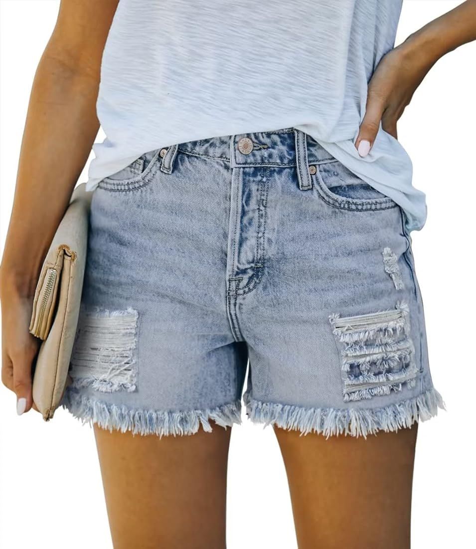 ZOLUCKY Women's Casual Summer Denim Shorts Mid Waisted Stretchy Ripped Jean Shorts with Pockets | Amazon (US)