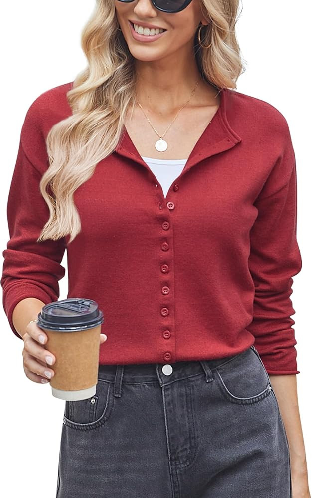 Women Crop Knit Cardigan Lightweight Crewneck Button Up Sweater Fitted Short Cardigans Layering T... | Amazon (US)