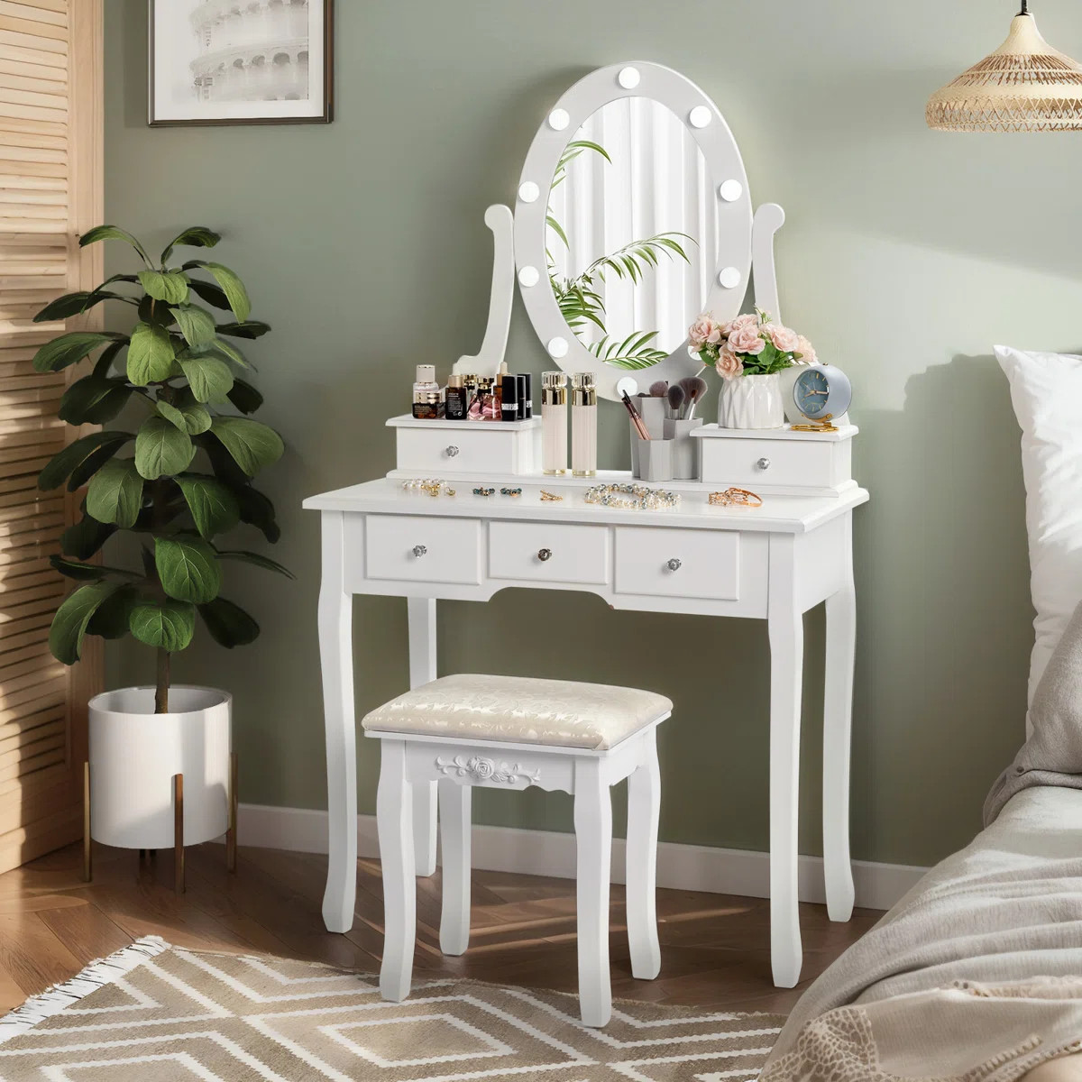 White Vanity Set with LED Mirror & Stool – Stylish Storage for Your Beauty Routine | Wayfair North America