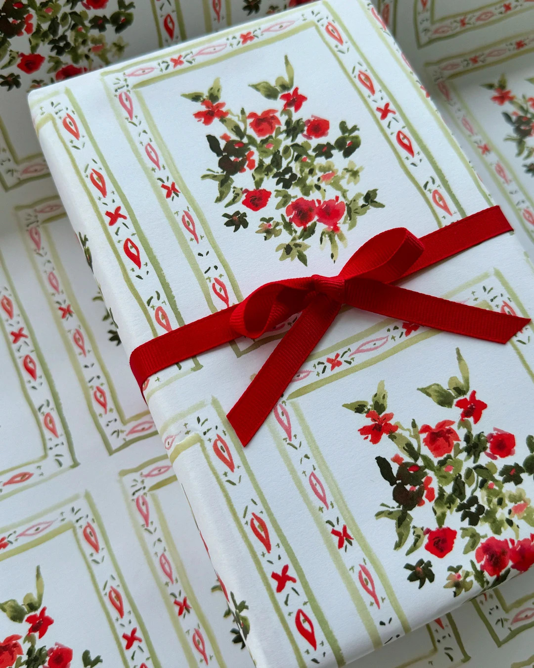 Wrapping Paper: Red Brocade Floral {gift Wrap, Birthday, Holiday, Christmas} - Etsy | Etsy (US)