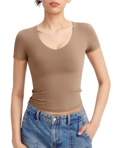 PUMIEY Going Out Tops for Women V Neck Short Sleeve T Shirts Sexy Slim Fit Basic tees Trendy Top, Taffy XX-Large | Amazon (US)