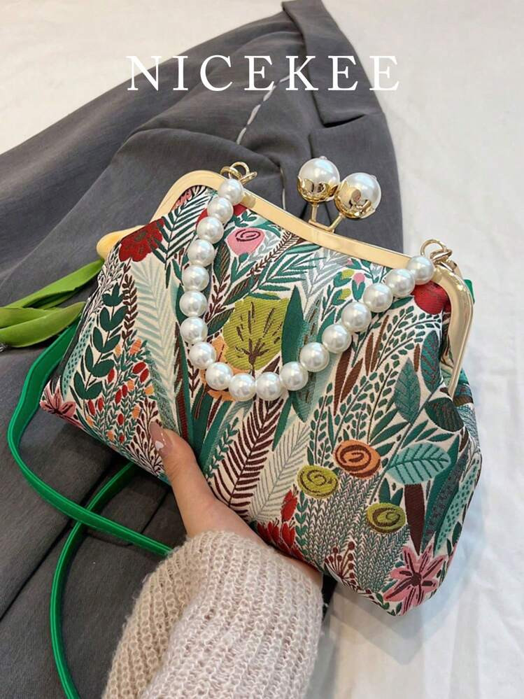 Fashionable And Clip-On Chinese Evening Bag With Contrasting Flower Print, Simple Pearl Chain Handbag, Elegant Temperament Embroidery, Portable And Adjustable Shoulder Strap, Shoulder Crossbody Bag Suitable For Wedding Parties, Music Festivals And Dances., Exquisite Floral Bag For Women | SHEIN