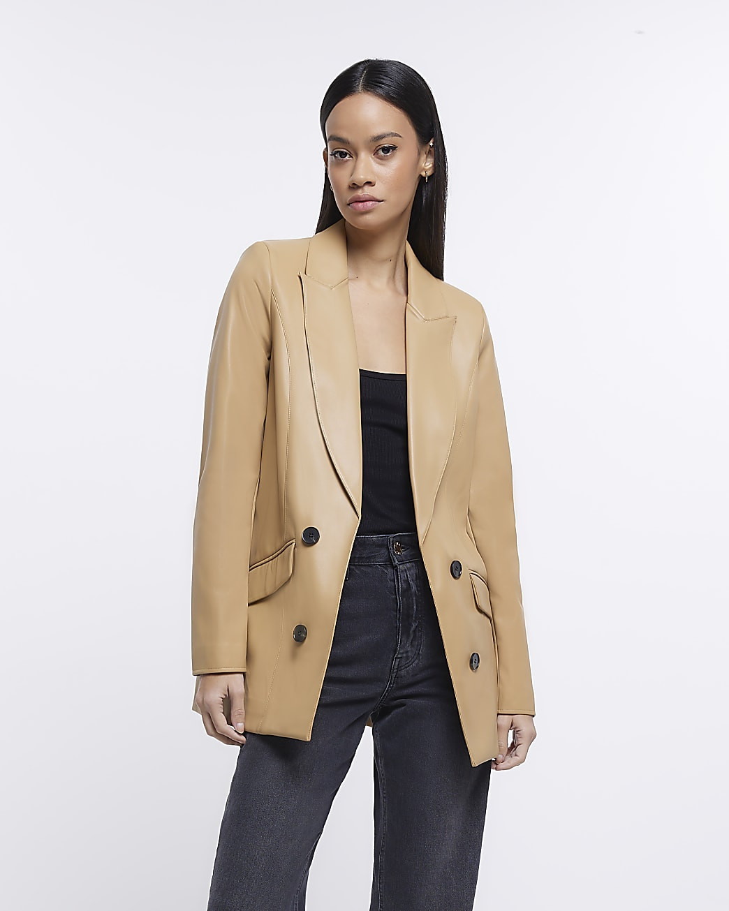 Brown faux leather double breasted blazer | River Island (UK & IE)