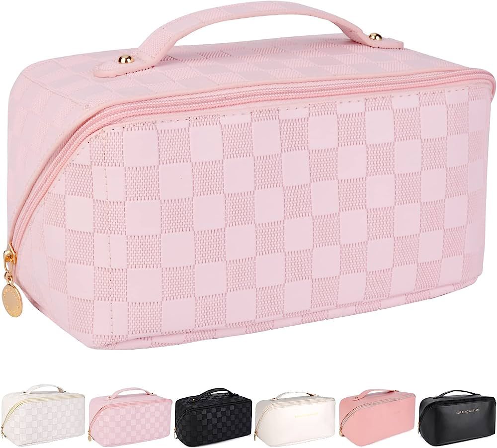 Travel Makeup Bag for Women Large Capacity Cosmetic Bag Waterproof Pink Checkered Portable PU Lea... | Amazon (US)