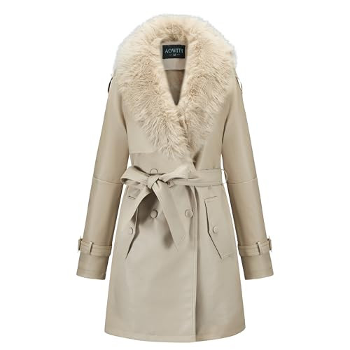 AOWITH Women Faux Leather Trench Long Coat wiht Fur Collar,Mid Length Double-Breasted Overcoat Jacket Fur Lined(052 Beige S) | Amazon (US)