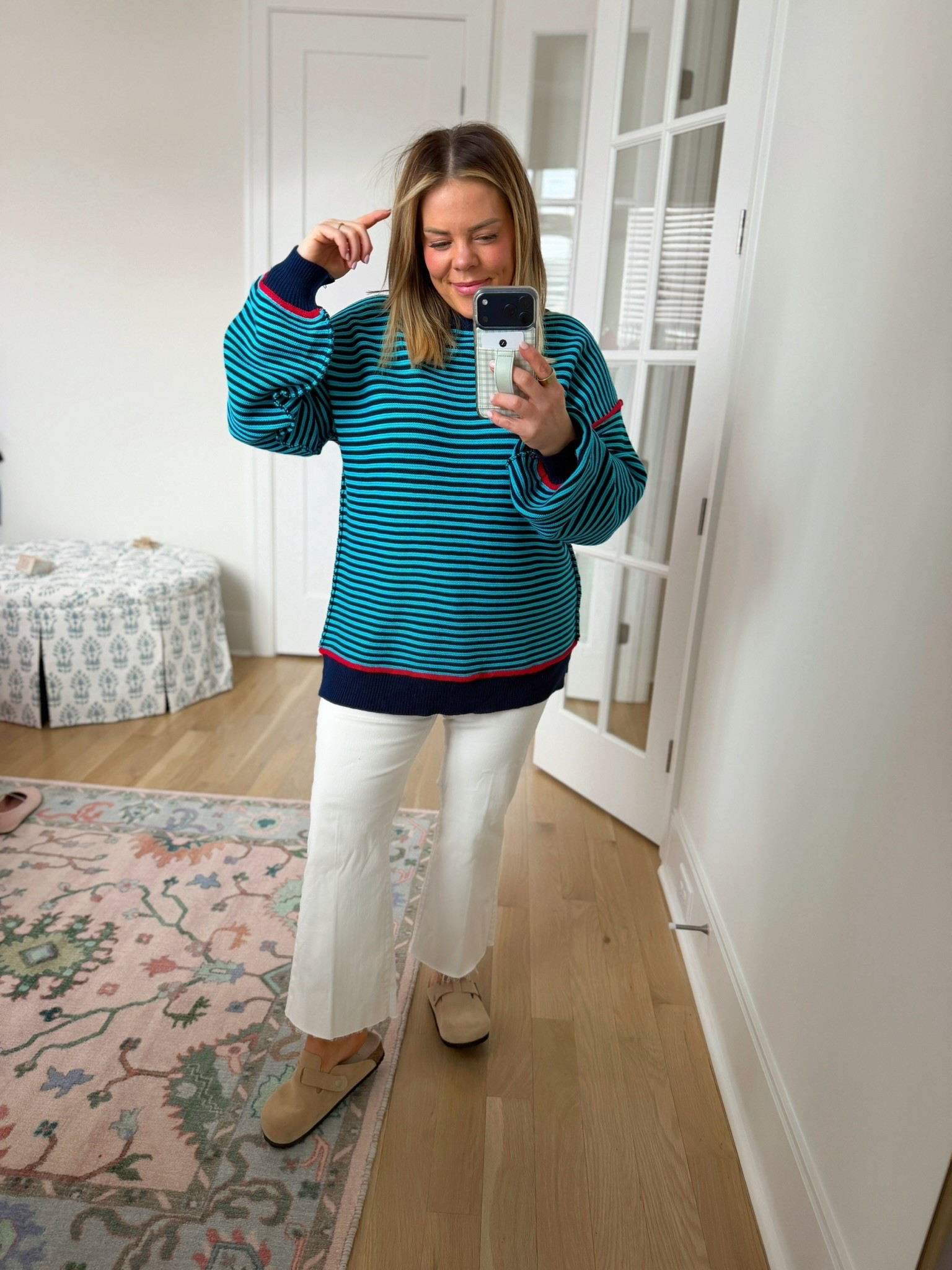 striped sweater, cozy style, trendy outfit, winter fashion, sweater weather, women’s fashion, chic style, ootd, clogs 