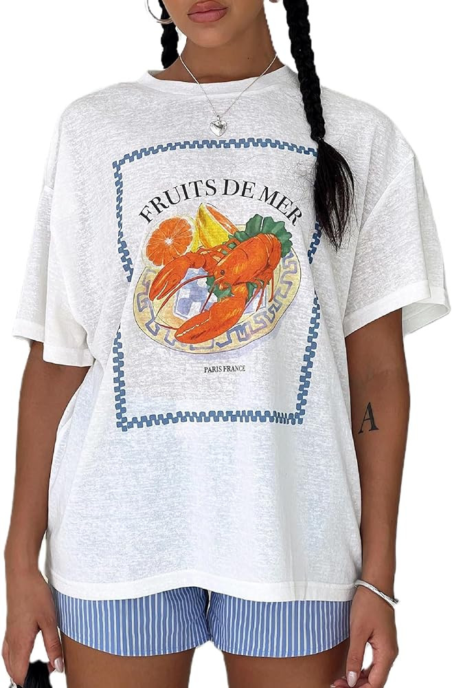 Women Graphic Oversized Tee Y2k Fruit Print Short Sleeve White Top Crewneck Cute Aesthetic Tee Sh... | Amazon (US)