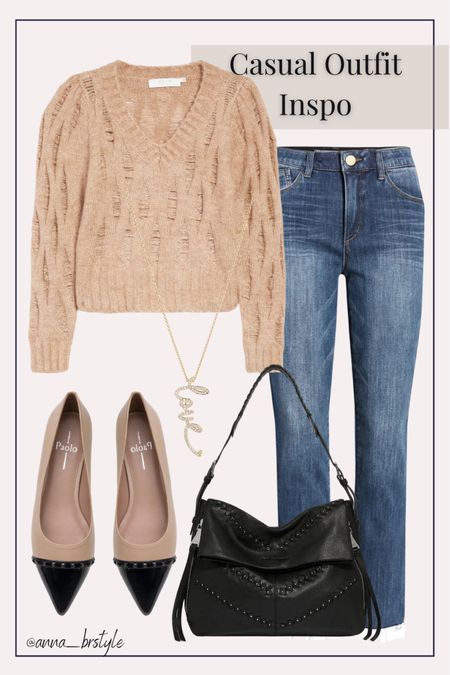 casual outfit inspo / nordstrom outfit inspo / my style / trendy outfits / winter to to spring transition outfits / wit & wisdom jeans / nude flats / nordstrom sweater / black hobo bag / gold necklace 

#LTKshoecrush #LTKitbag #LTKstyletip