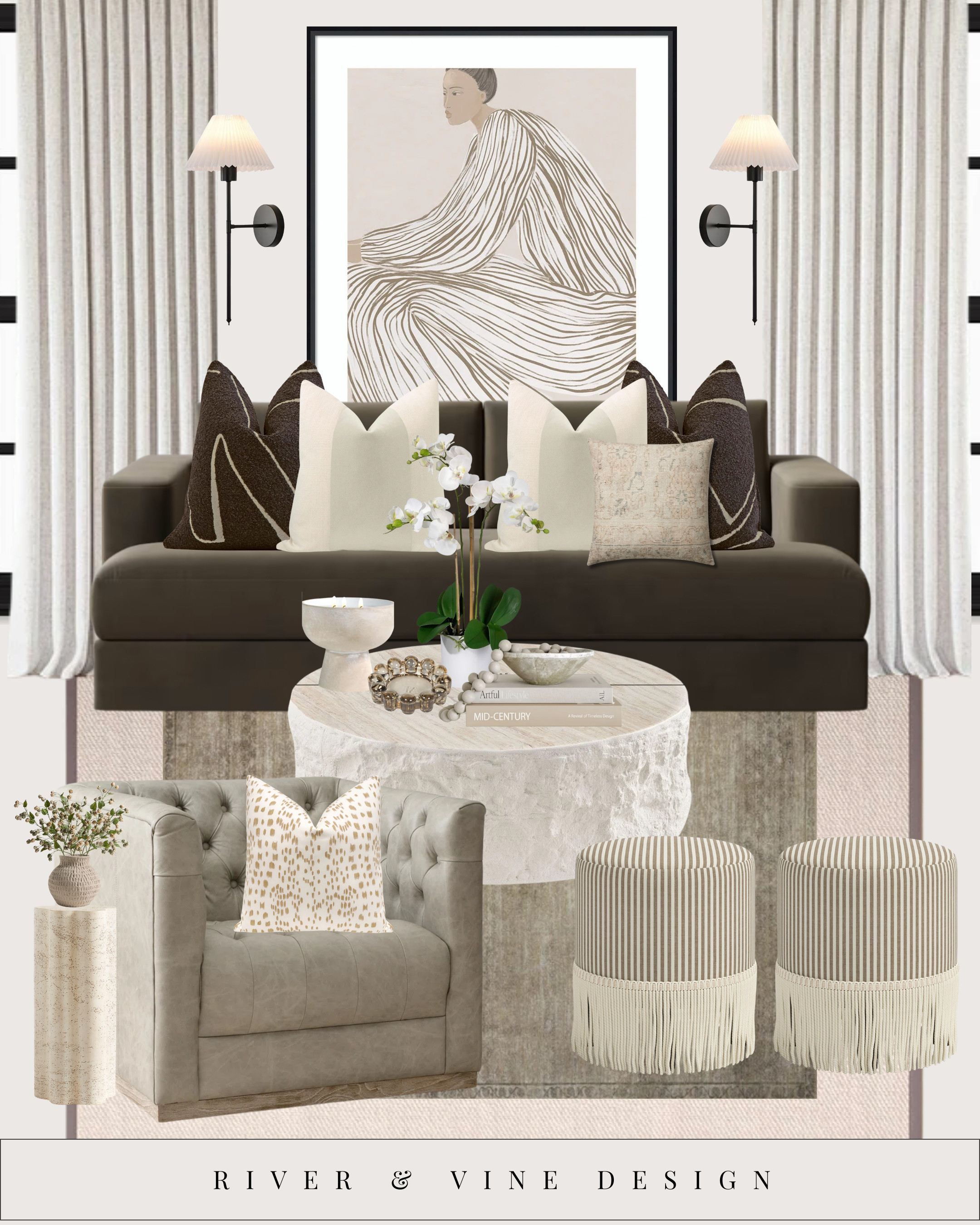 If your living room ever feels “almost there,” it’s usually missing layering — and this setup is the perfect formula:

1. Anchor the room with oversized art
It pulls the eye up and makes the entire space feel intentional.

2. Use pillows to build dimension
Start with solids → add texture → finish with a subtle pattern.

3. Mix silhouettes + materials
Tufted leather, boucle fringe stools, stone, linen… this is what makes a neutral palette feel rich instead of flat.

4. Add vertical lighting
Wall sconces add symmetry and instantly elevate even a basic layout.

Everything here is linked so you can recreate the vibe or add just one or two pieces to refresh your space.

Tap to shop the look! 

 #LTKHome