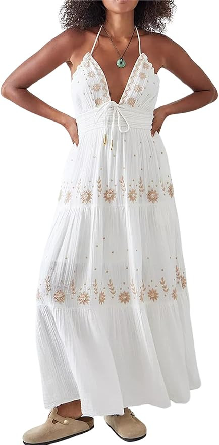 ebossy Women's Summer Boho Embroidered Daisy Maxi Dress Halter Shirred V Neck Backless Flowy Vaca... | Amazon (US)
