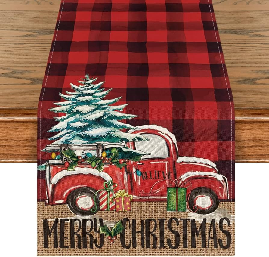 Artoid Mode Red and Black Buffalo Plaid Merry Christmas Tree Table Runner, Seasonal Truck Gifts K... | Amazon (US)