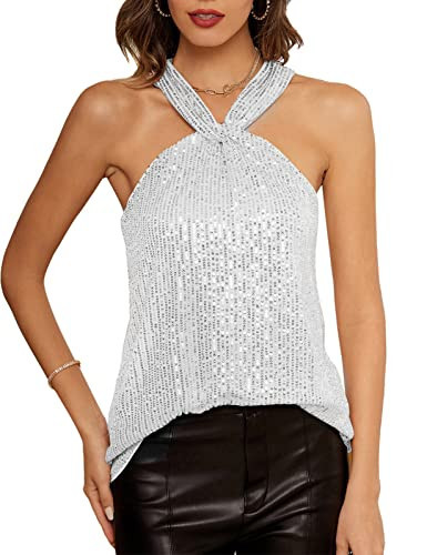 Halter Neck Bling Shirts Sequin Sparkle Party Tops for Women Silver 2XL | Amazon (US)