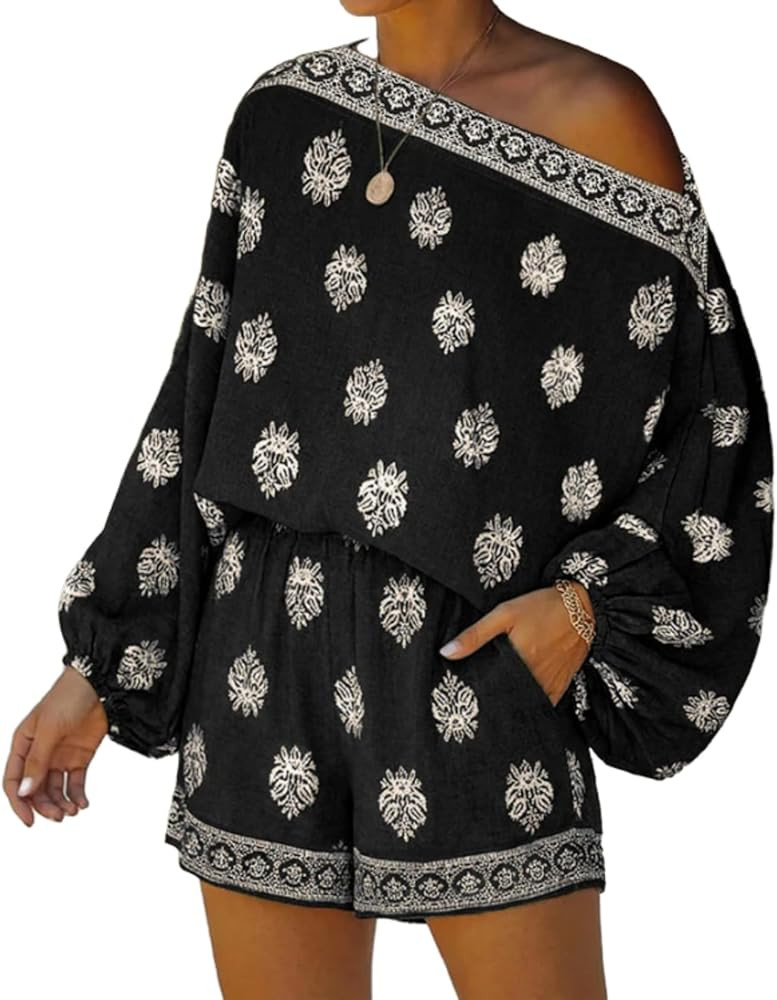 REASERAL Womens Jumpsuits Bohemian Off Shoulder Lattern Sleeve Vacation Outfit High Waist Shorts ... | Amazon (US)