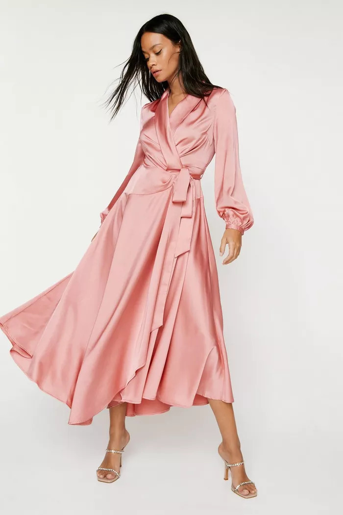 Satin Long Sleeve Maxi Wrap Dress | Nasty Gal (US)