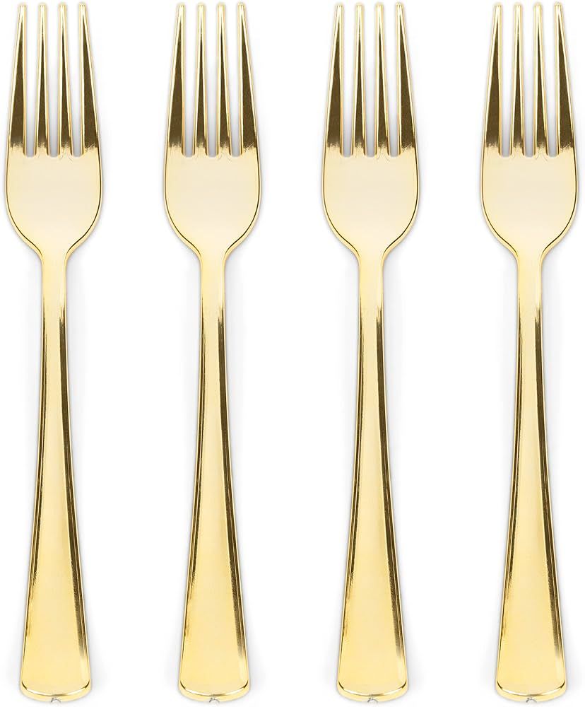 Prestee 100 Gold Plastic Forks Heavy-Duty, Heavyweight Gold Plastic Silverware Forks, Fancy Plast... | Amazon (US)