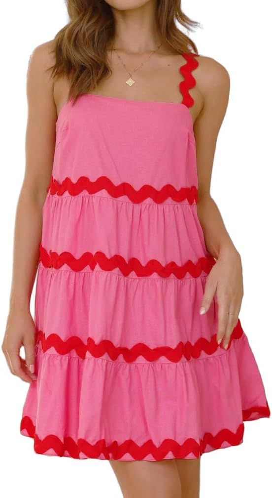 Fuimsul Women Rickrack Trim Flowy Mini Dress Sleeveless Backless Square Neck RIC Rac Strap Flared... | Amazon (US)