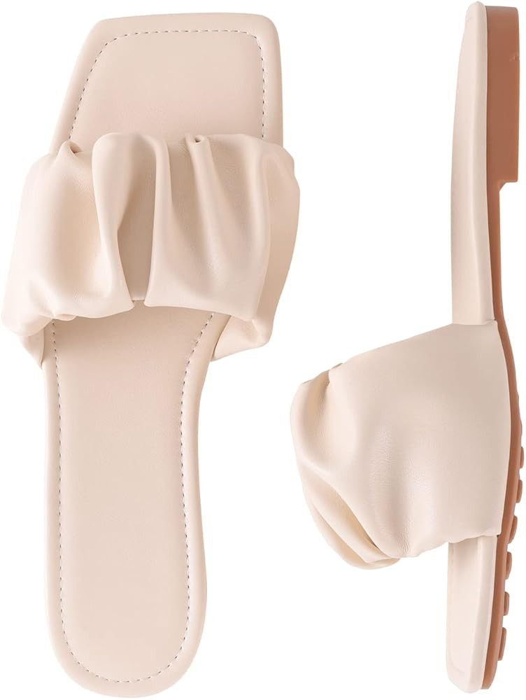 LACUONE Women's Flat Sandals Slip-on Ruched Slides Square Open Toe Slippers | Amazon (US)