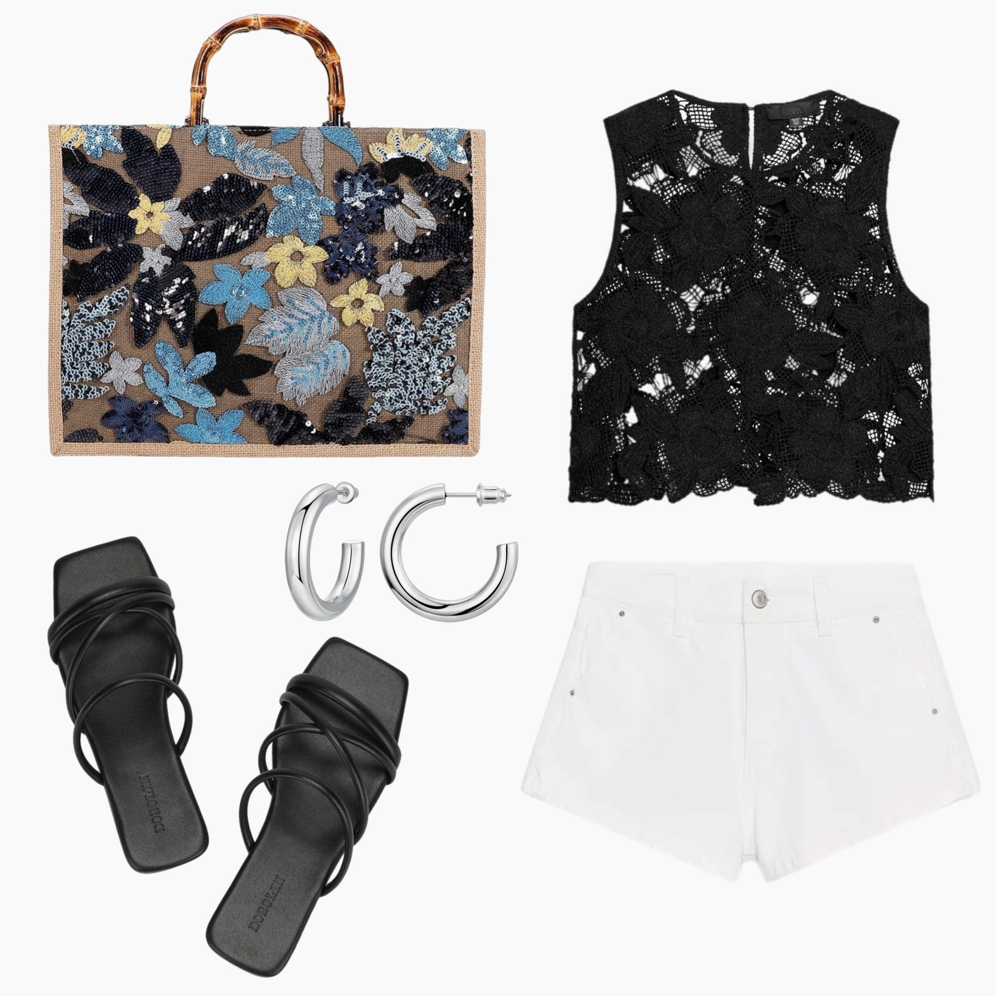 Chic, crisp, and ready for the coast 🖤 This black crochet top paired with white shorts and a statement floral tote makes the perfect elevated casual look for resort dinners or boutique browsing. #ResortStyle #LTKVacation #CasualGlam #EffortlessChic #TravelWardrobe

#LTKShoeCrush #LTKItBag #LTKStyleTip