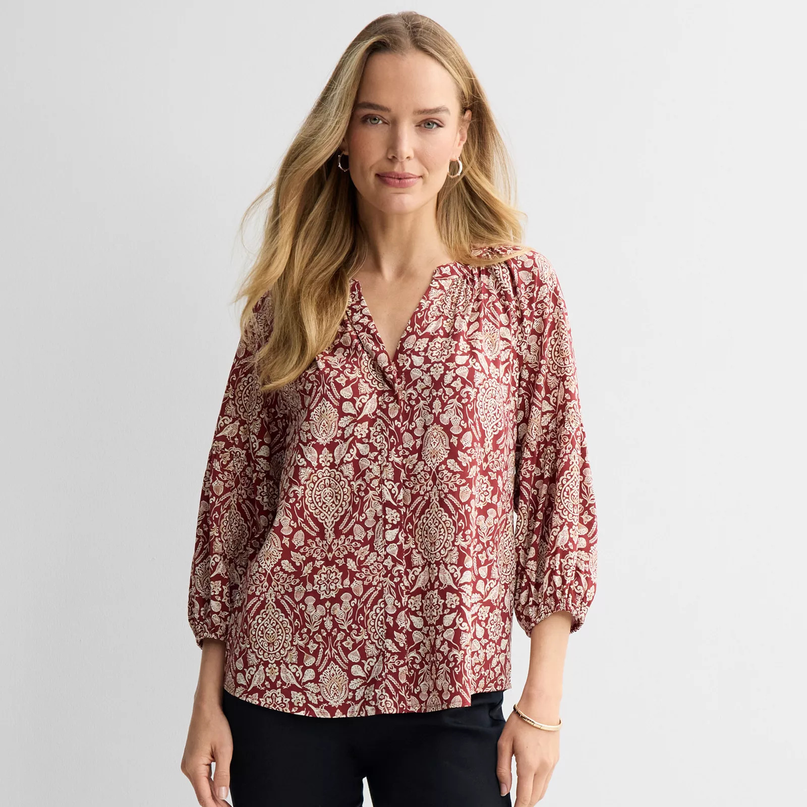Women's Croft & Barrow® Three-Quarter Sleeve Splitneck Blouse, Size: Small, Green Batik Vine | Kohl's
