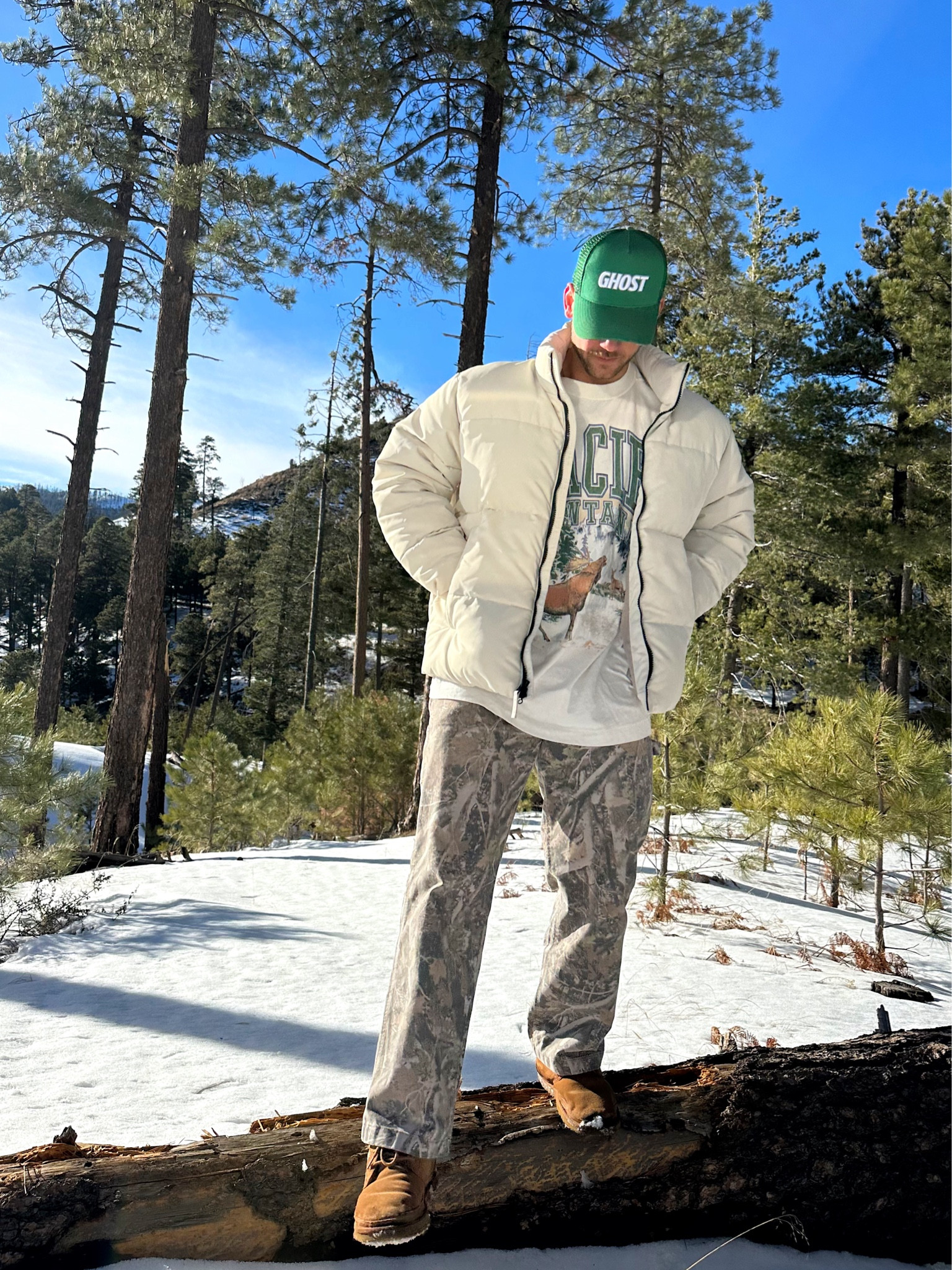 Nate’s 6’2 and wears an XL tall long sleeve, XL puffer, and 34x32 jeans 
(puffer is on clearance) 
