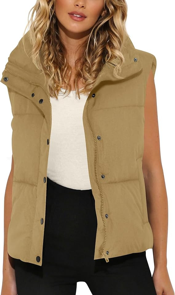 MIROL Women's Sleeveless Cropped Puffer Vest Zip Up Stand Collar Button Down Winter Crop Jackets ... | Amazon (US)