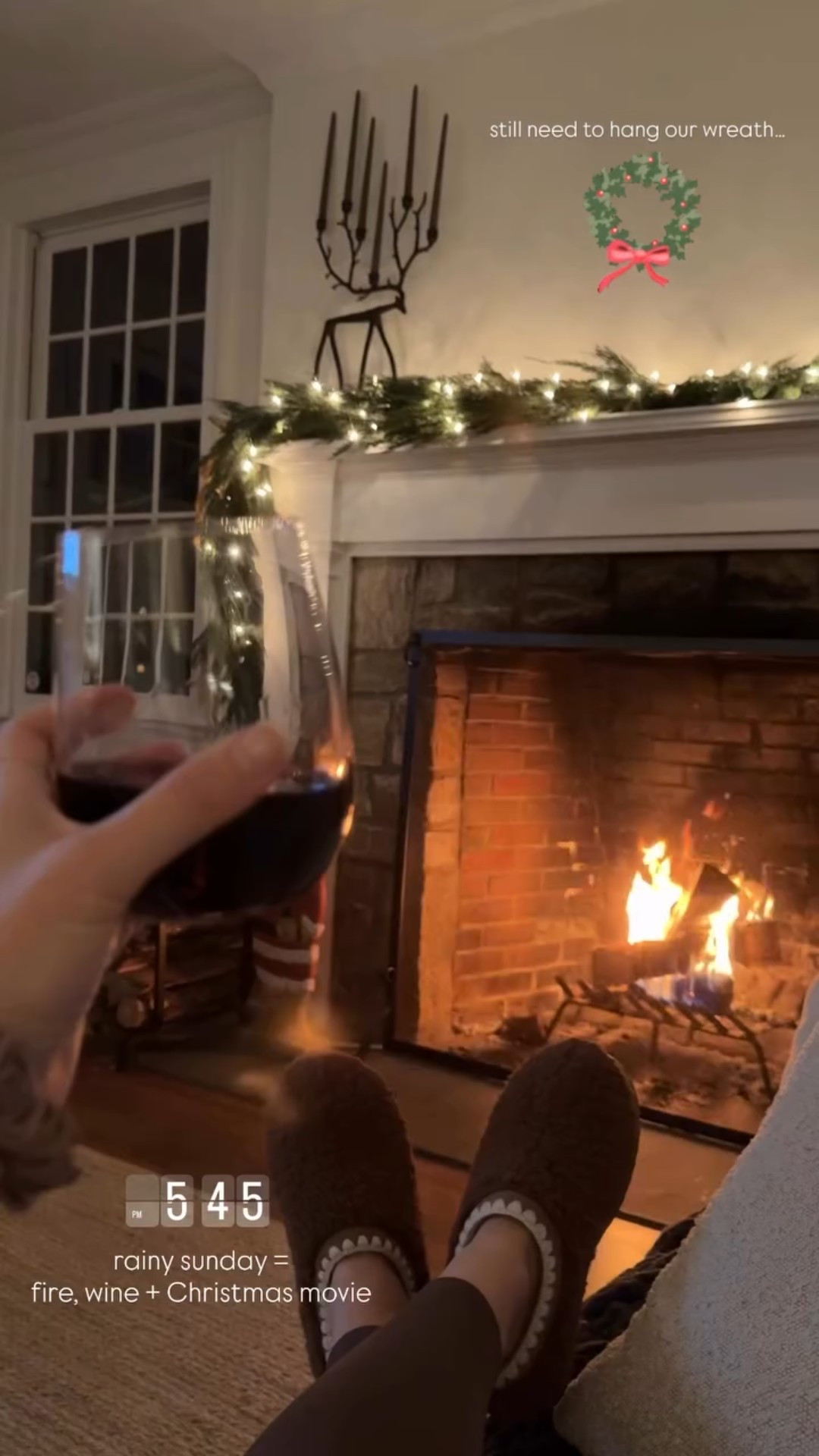 rainy sunday =
fire, wine + Christmas movie  still need to hang our wreath…
