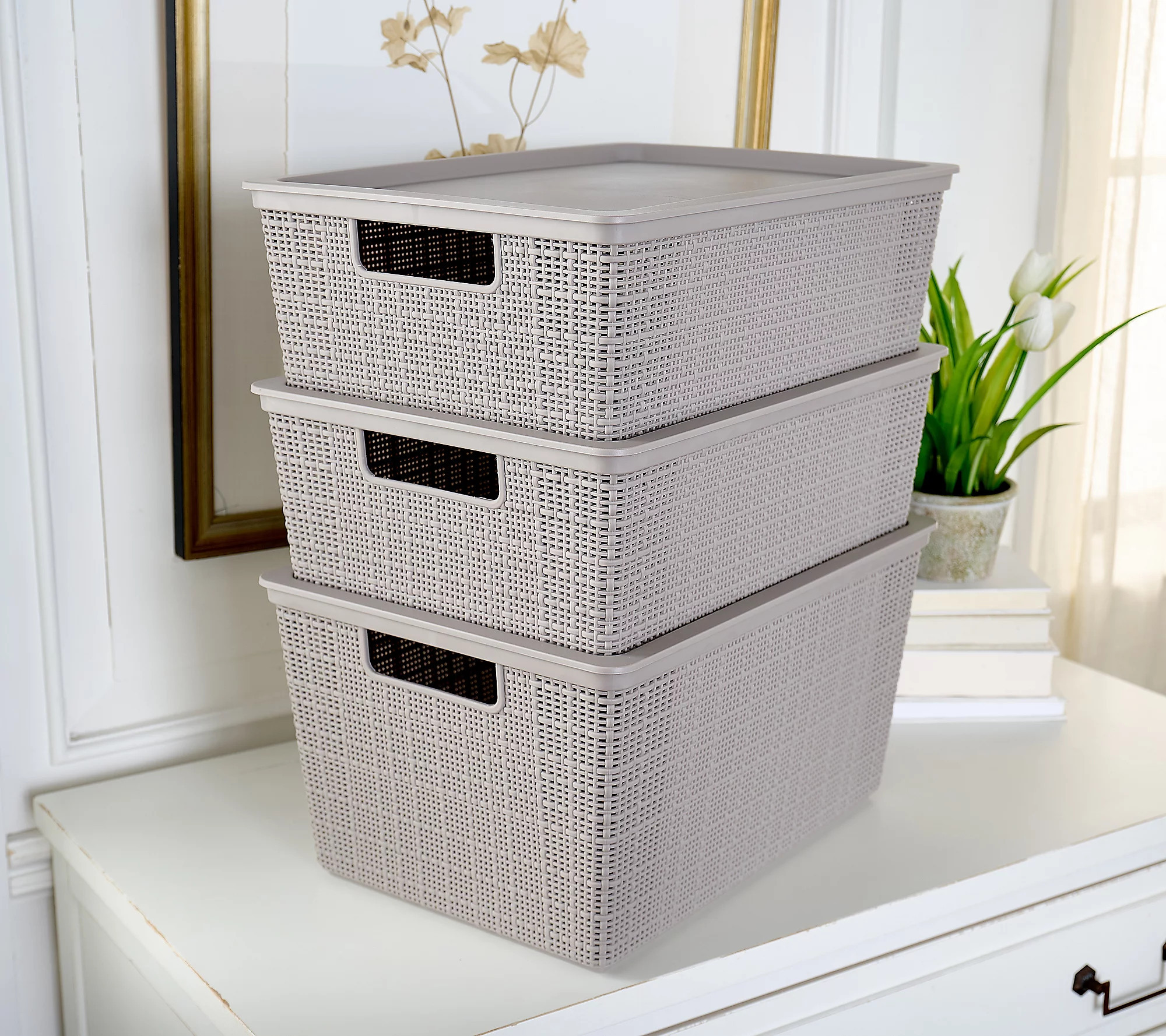 Cella Set of 3 Textured Storage Bins with Lids | QVC