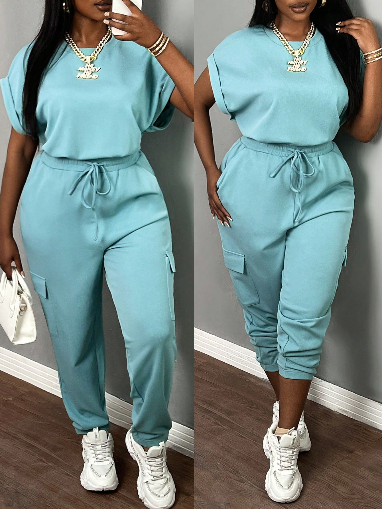 SHEIN Slayr Plus Size Women's Summer Clear Blue Short Sleeve Top And Pants Set In Blue - E | SHEIN