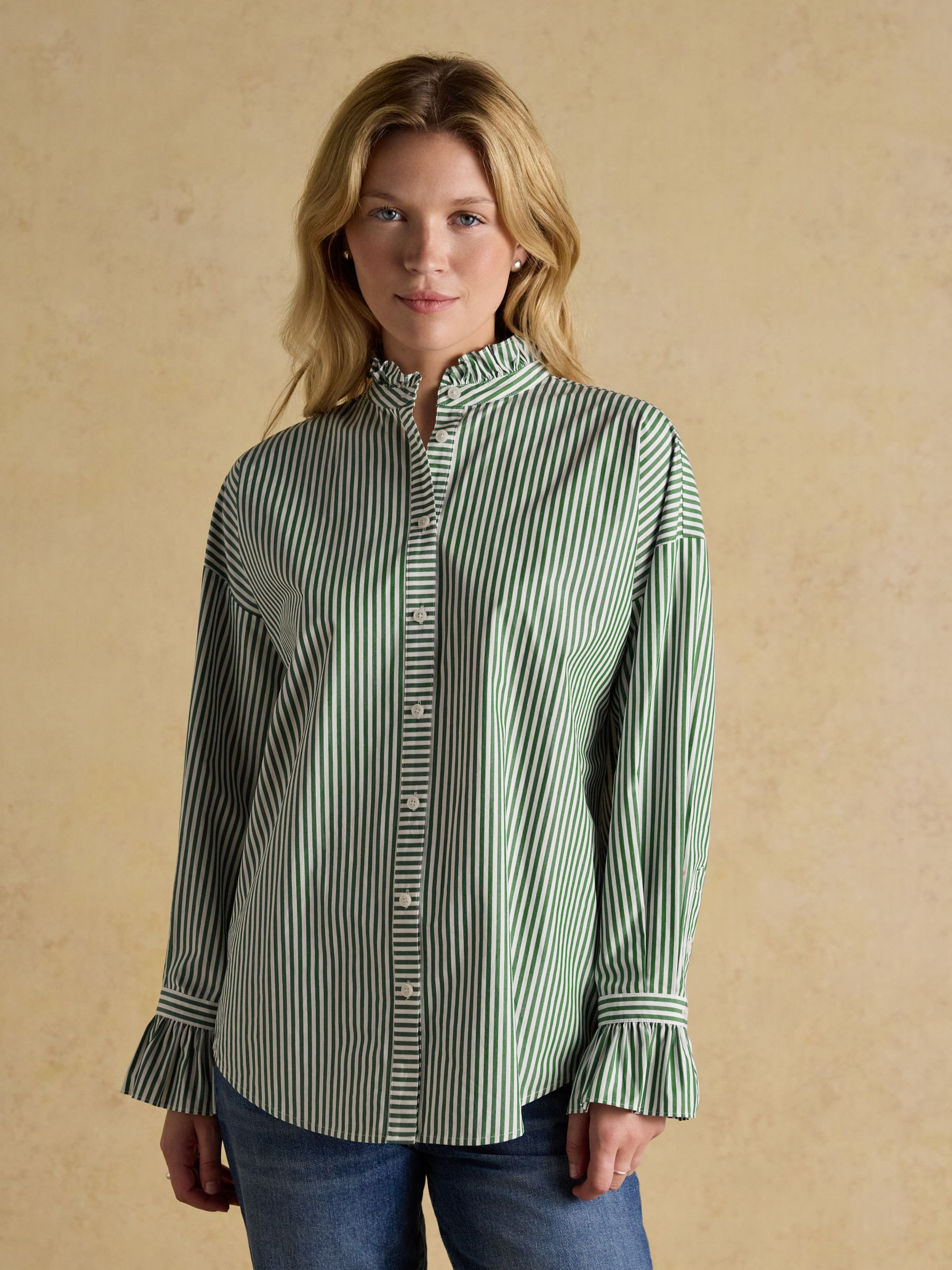 Mae Green/White Oversized Frill Neck Stripe Shirt | Joules | Joules