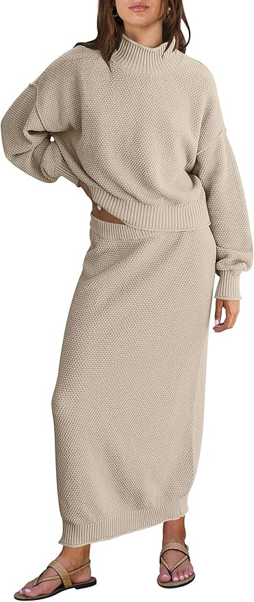 Caracilia Women's 2 Piece Outfits Sweater Skirt Sets Long Sleeve Oversized Tops Matching Maxi Ski... | Amazon (US)
