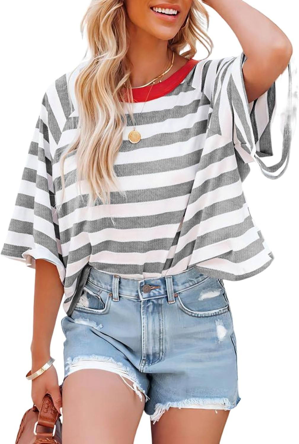 Dokotoo Tops for Women Striped T Shirts Color Block 2026 Summer Basic Tee | Amazon (US)