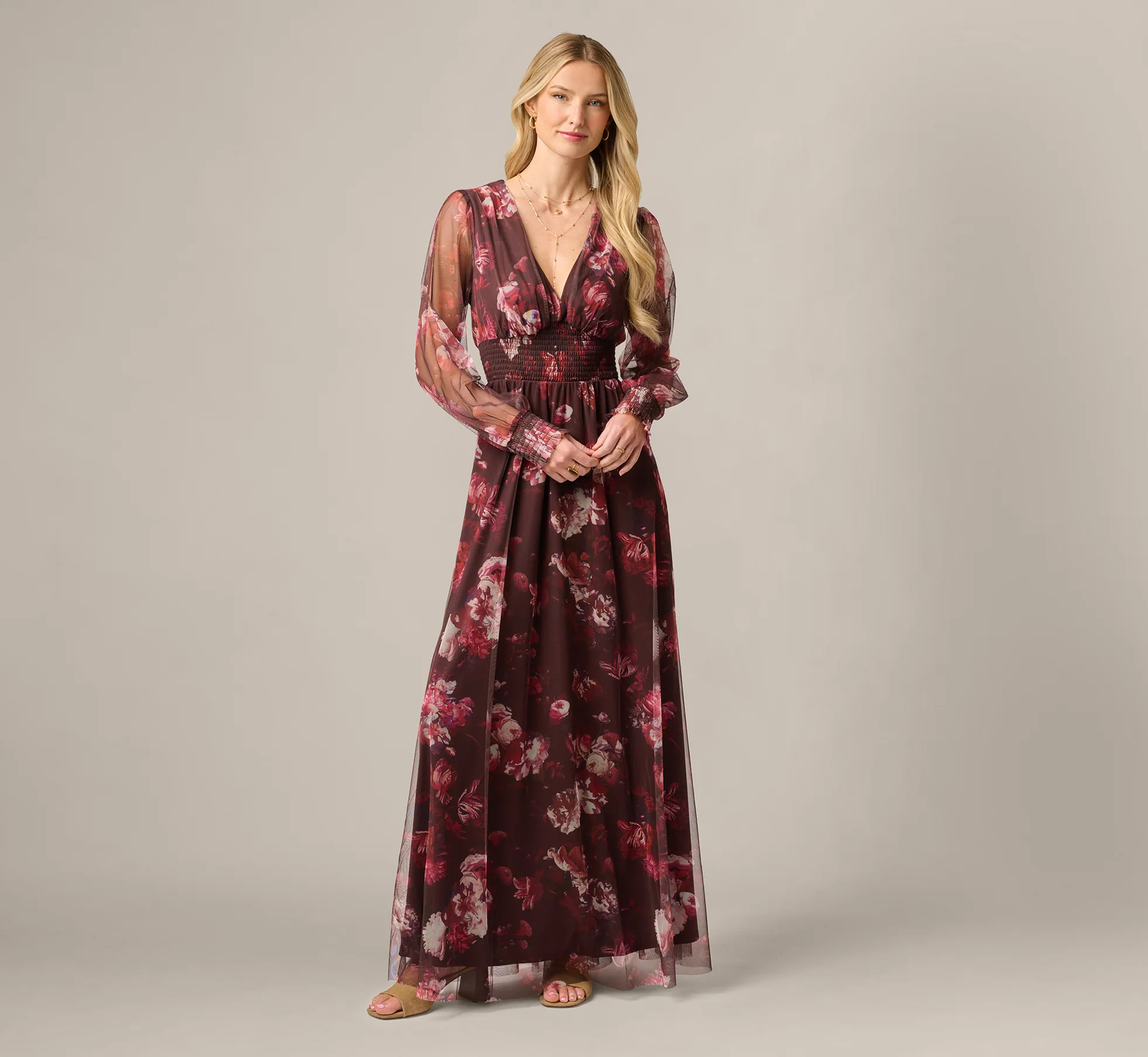 Bishop Sleeve Floral Mesh Maxi Dress In Brown Multi | Adrianna Papell