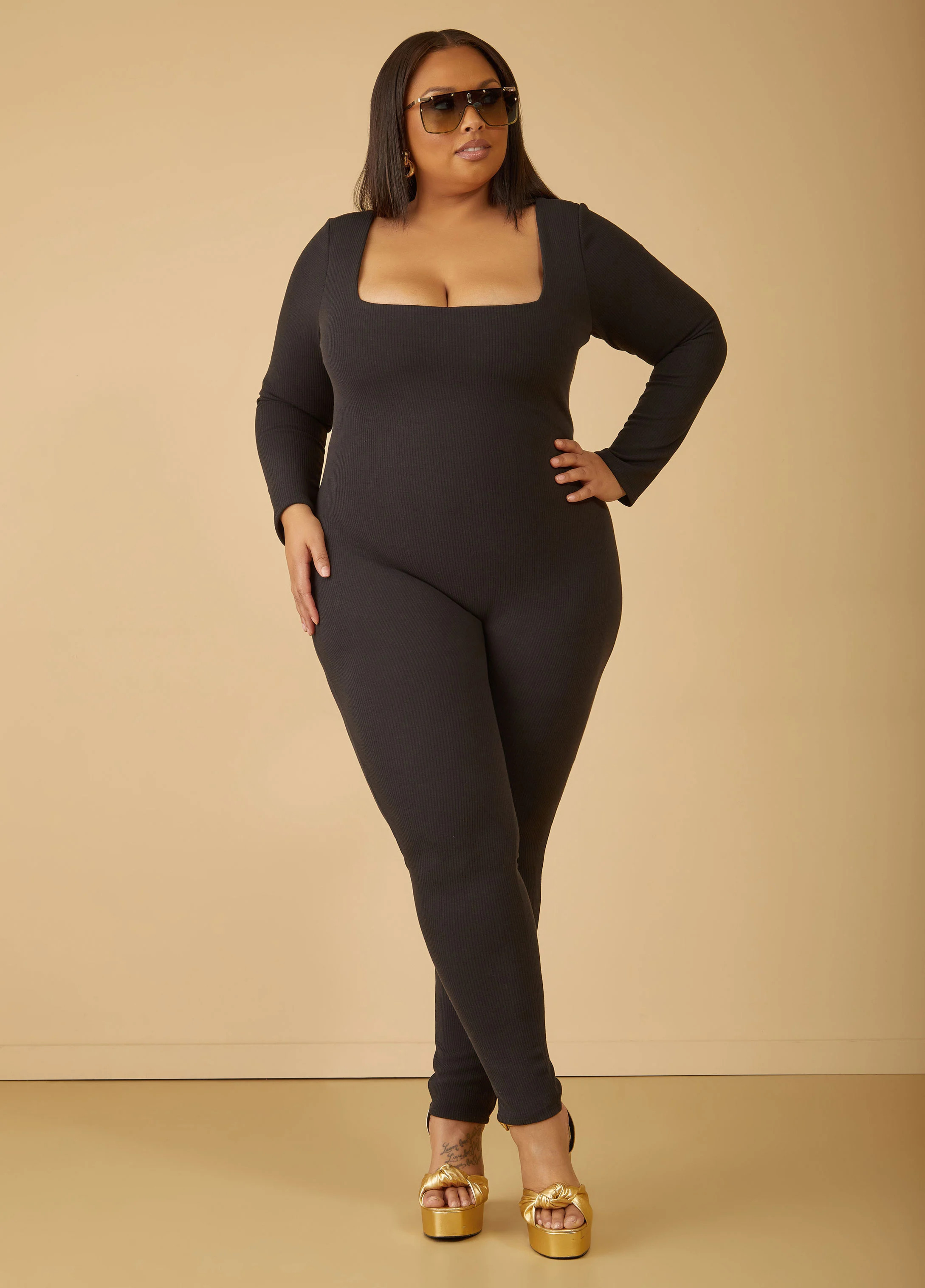 Plus Size Ribbed Square Neck Jumpsuit, BLACK, 14/16 - Ashley Stewart | Ashley Stewart