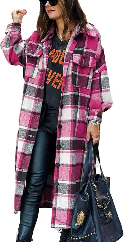 Omoone Women's Lounge Lapel Button Up Long Sleeve Plaid Long Shirt Jacket Shacket | Amazon (US)