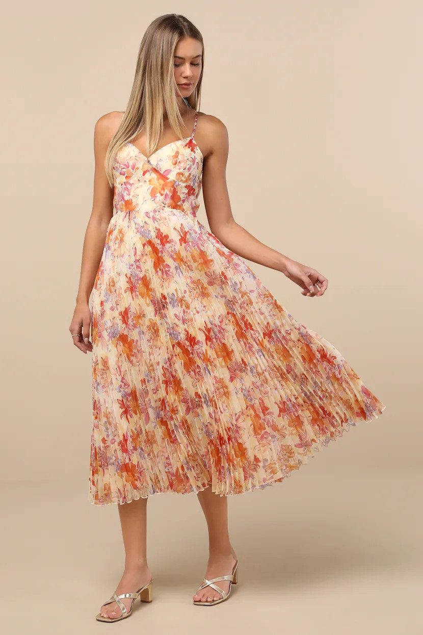 Alondra Light Yellow Multi Floral Pleated Midi Dress | Lulus