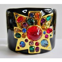 Authentic Kenneth J Lane Black Enamel Multi Colored Jeweled Cuff Bracelet | Etsy (US)