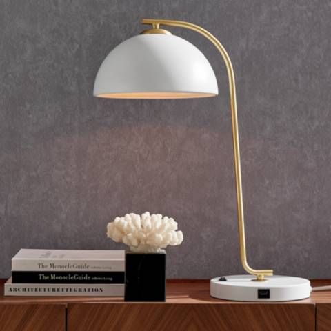 Lite Source Roden White and Antique Brass Modern USB Desk Lamp | Lamps Plus