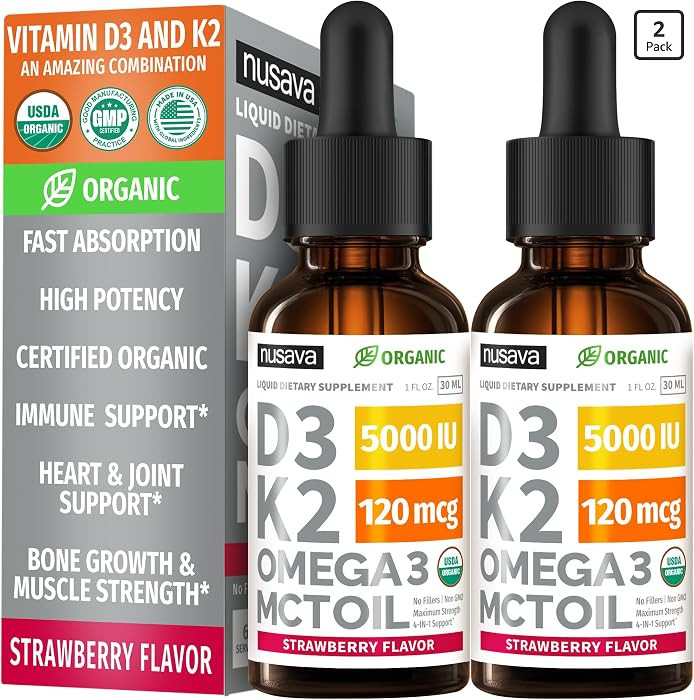 Nusava Vitamin D3 K2 Drops, MCT Oil & Omega 3, Strawberry, 5000 IU, 2 Pack | Amazon (US)