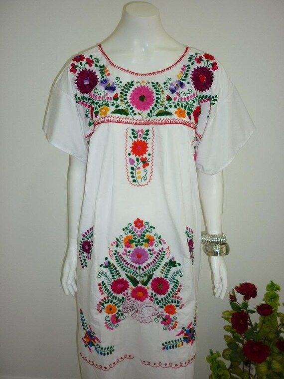 White Puebla Mexican Dress Peasant  Hand Embroidered Vintage Style Tunic | Etsy (US)