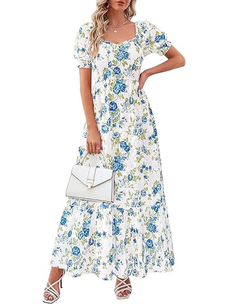 PRETTYGARDEN Women's Floral Boho Maxi Dresses Flowy Short Sleeve A Line Smocked Eyelet Summer Bea... | Walmart (US)