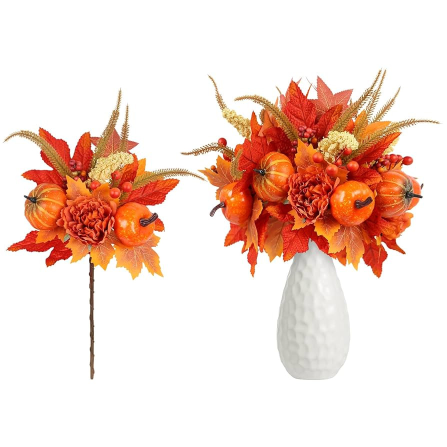 Fall Decor, 4PCS Artificial Autumn Pumpkin Berry Flower Maple Plant Stems Picks Vase Decorations,... | Amazon (US)